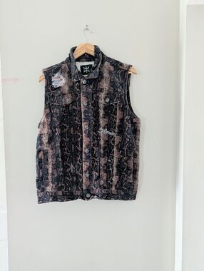 Kill City Snakeskin Print Denim Distressed Trucker Vest Men's Size Large